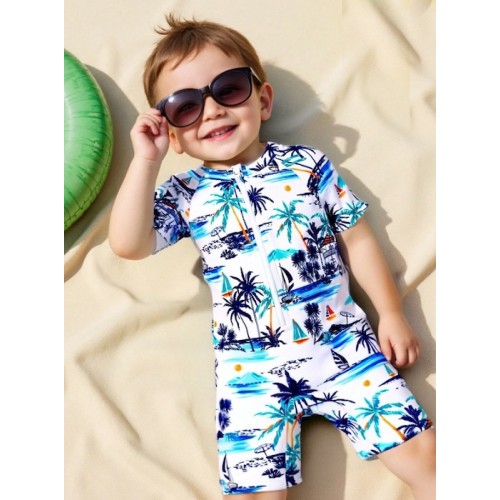 Βρεφικό Ολόσωμο Μαγιό Με Ποδαράκι Μανικάκι Tropical Βodysuit Swimwear Boy